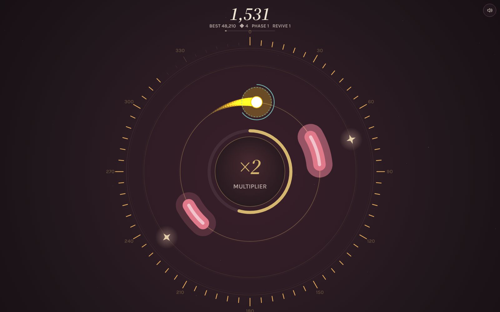 Graze in play: a brass orbit dial, a comet-like player, gold star shards and a rose block on the outer ring