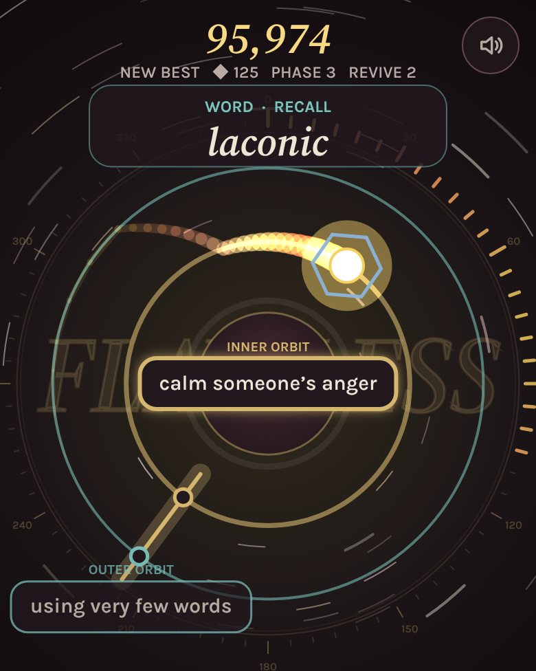 A recall gate asking for the meaning of laconic with two answers, one on each orbit