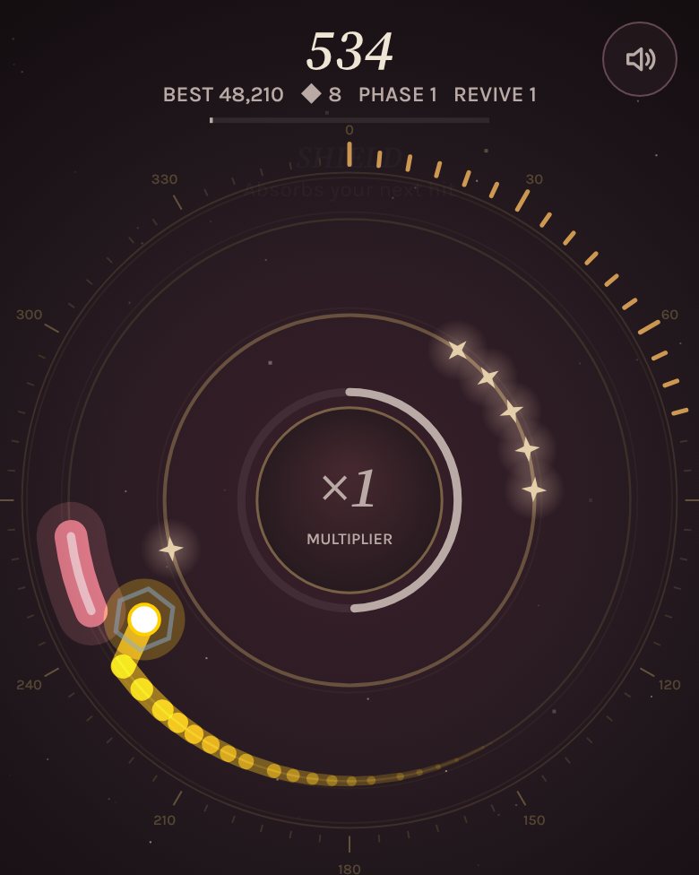 The player orb sweeping past a block on the inner orbit