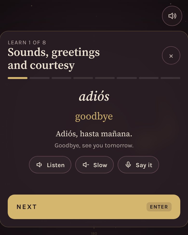 A Spanish lesson card showing adiós, goodbye, an example sentence and Listen, Slow and Say it buttons